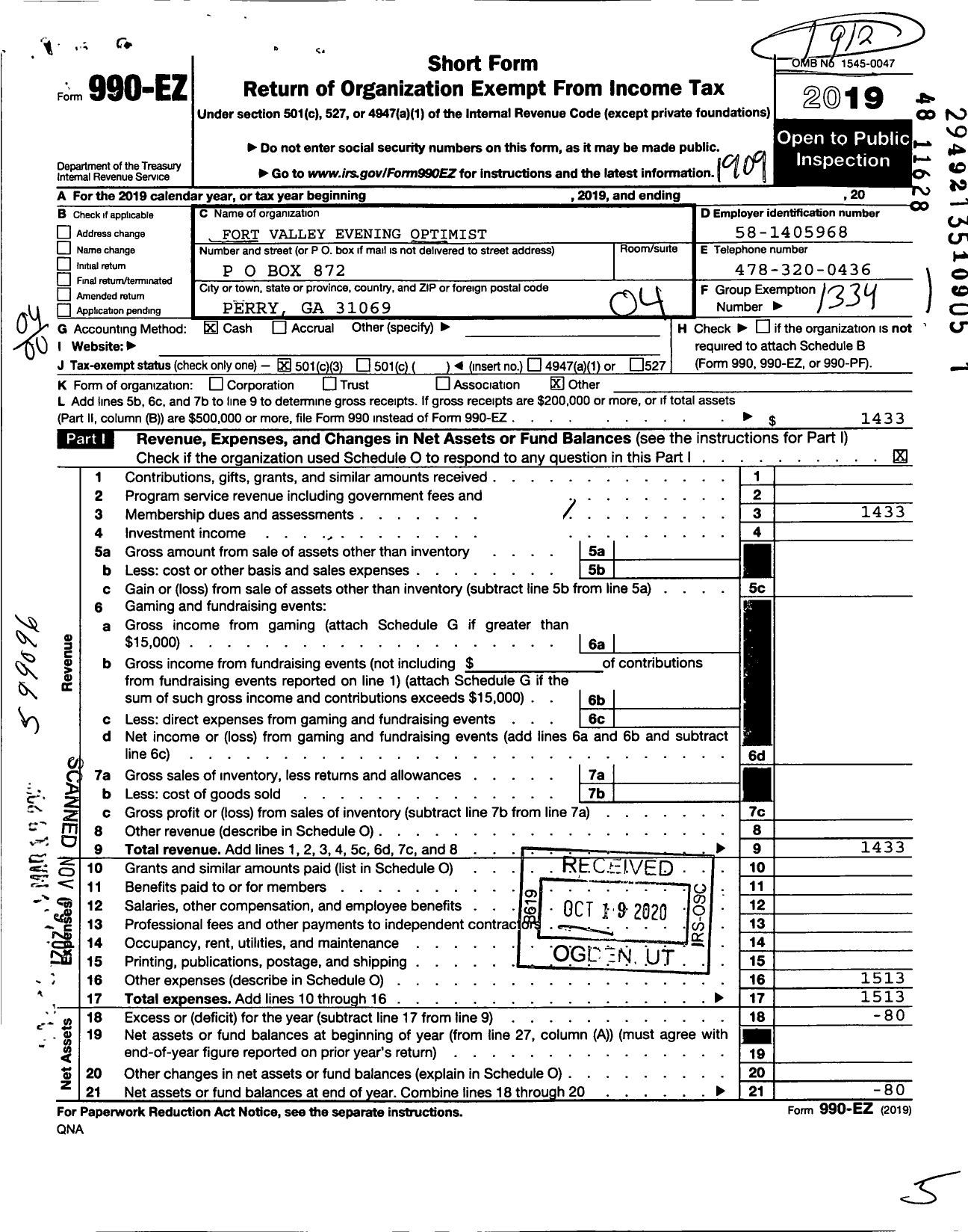 Image of first page of 2018 Form 990EO for Optimist International - Fort Valley Evening Opt