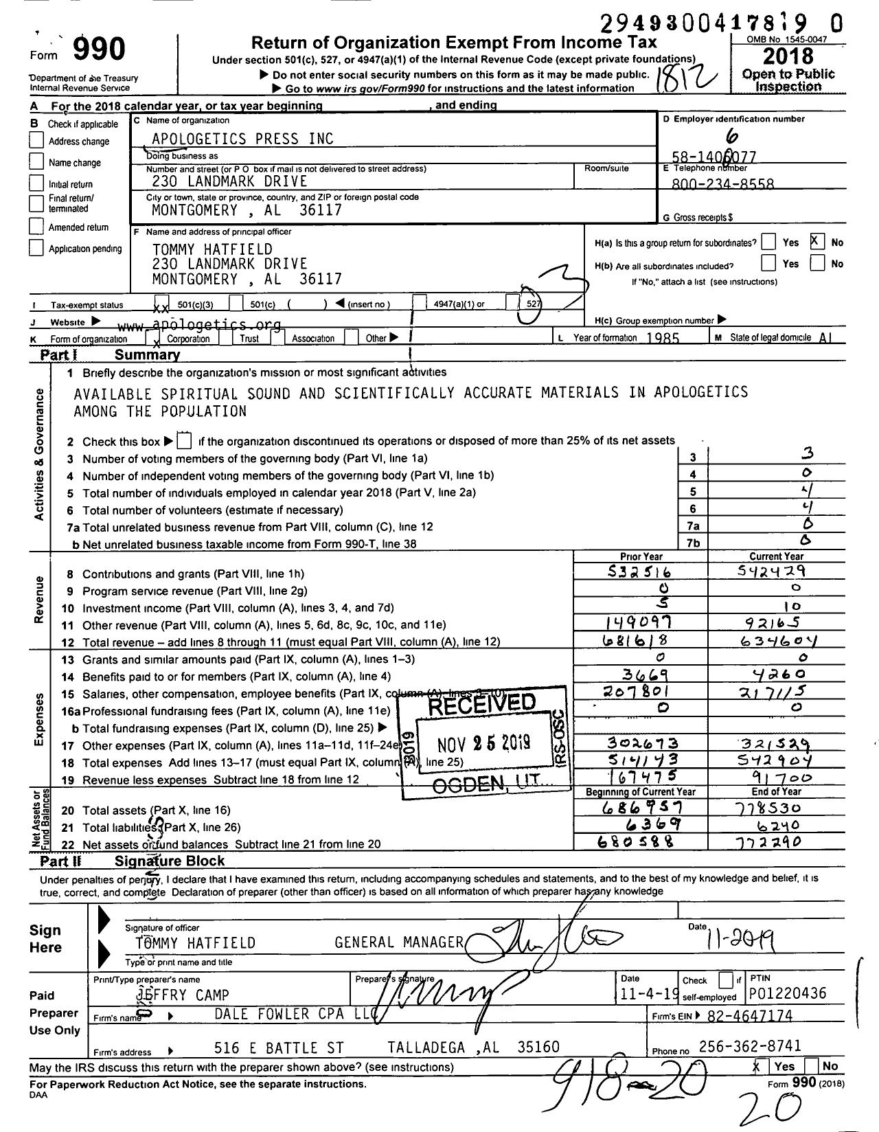 Image of first page of 2018 Form 990 for Apologetics Press