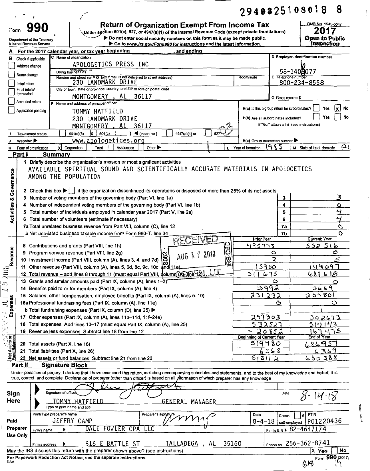 Image of first page of 2017 Form 990 for Apologetics Press