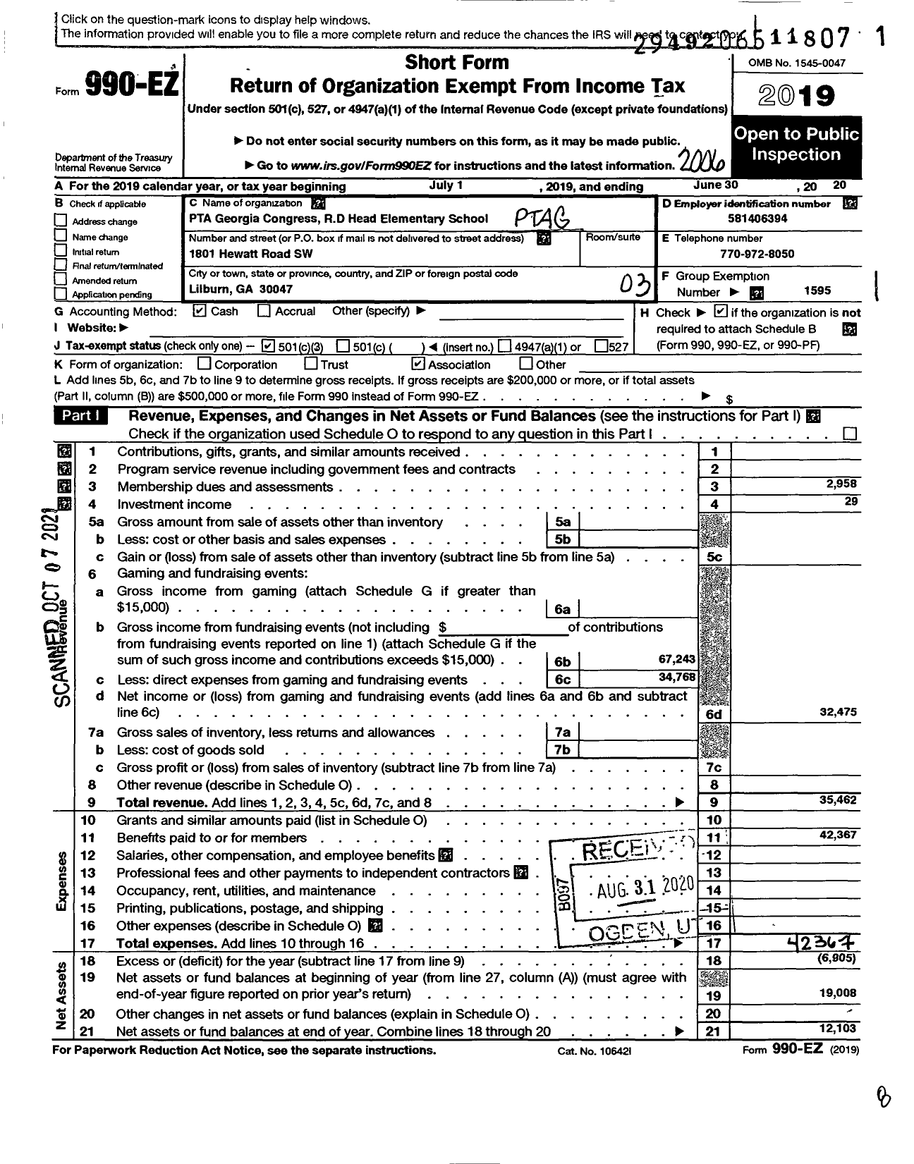 Image of first page of 2019 Form 990EZ for Georgia PTA - R D Head Es PTA