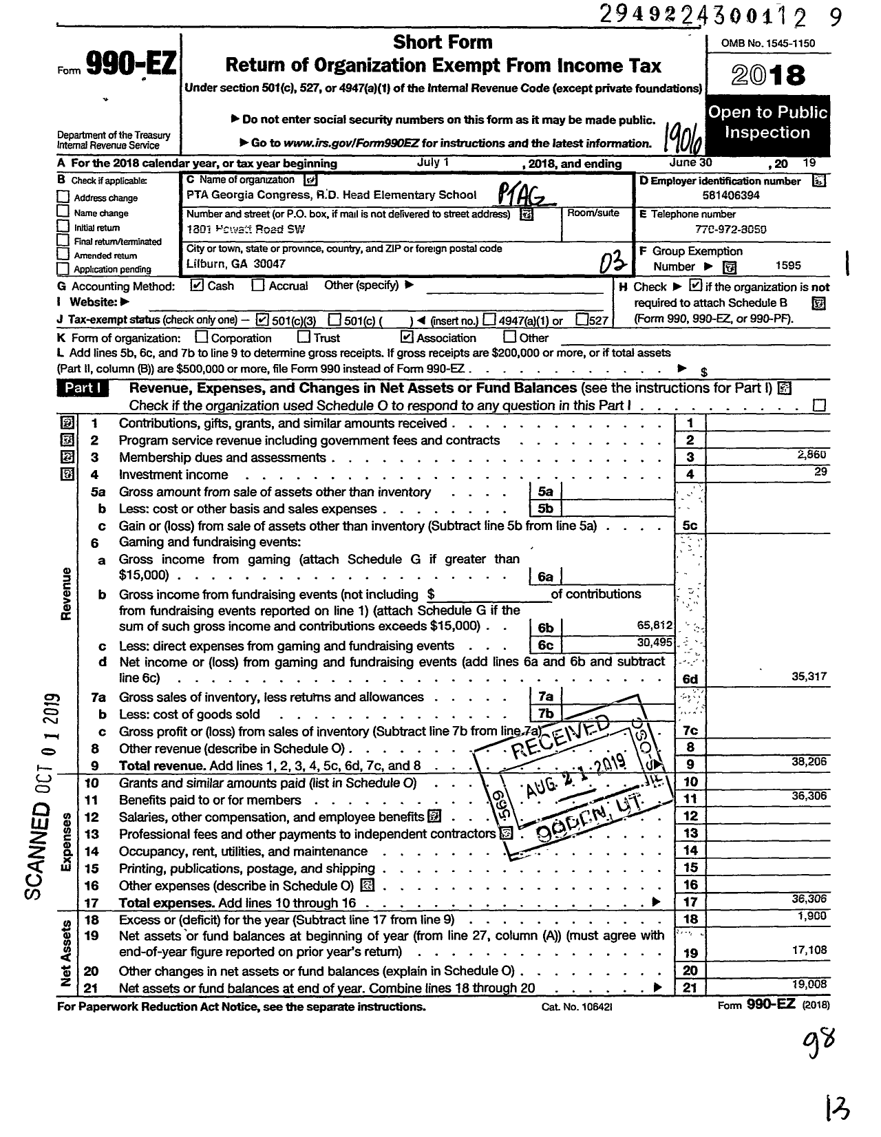 Image of first page of 2018 Form 990EZ for Georgia PTA - R D Head Es PTA