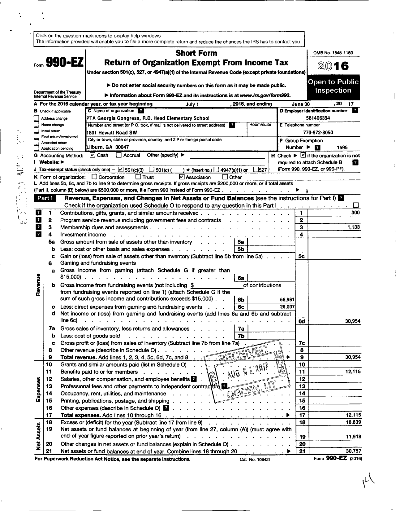 Image of first page of 2016 Form 990EZ for Georgia PTA - R D Head Es PTA