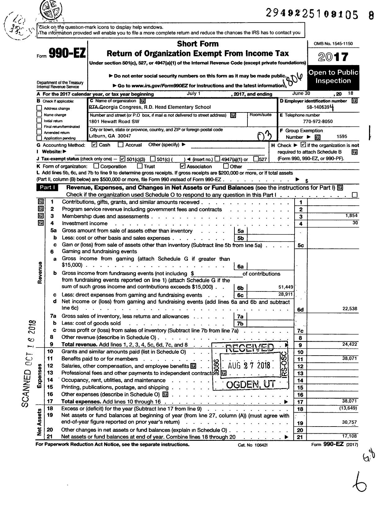 Image of first page of 2017 Form 990EZ for Georgia PTA - R D Head Es PTA