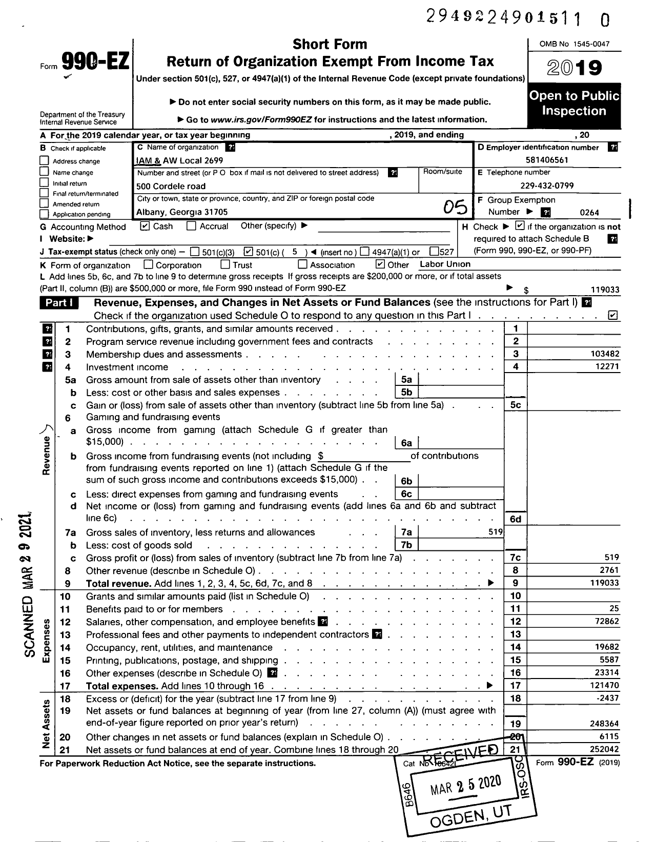 Image of first page of 2019 Form 990EO for International Association of Machinists and Aerospace Workers - 2699 Local