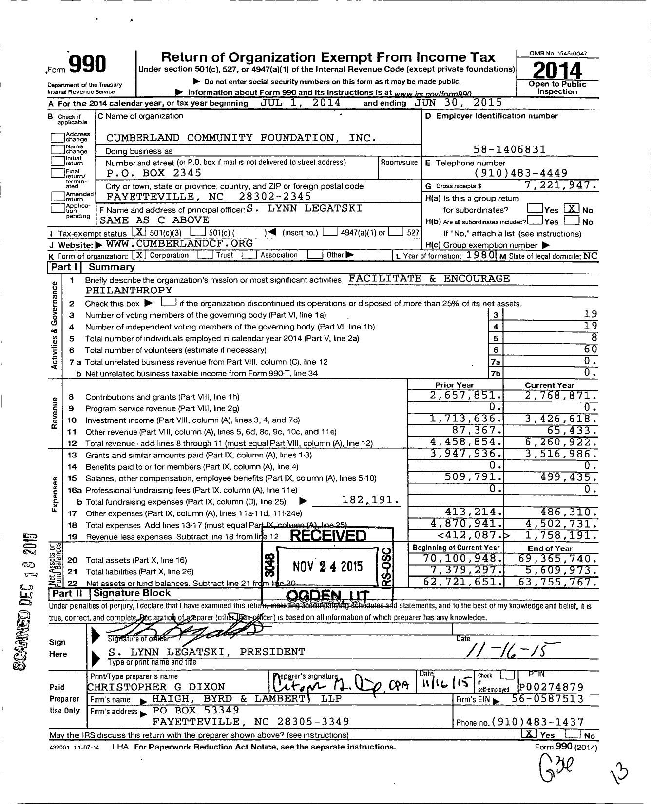 Image of first page of 2014 Form 990 for Cumberland Community Foundation (CCF)