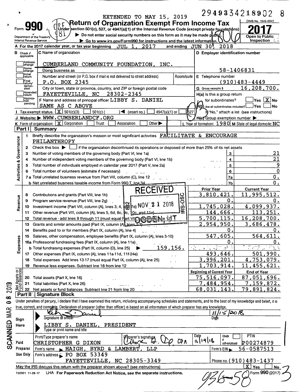 Image of first page of 2017 Form 990 for Cumberland Community Foundation (CCF)