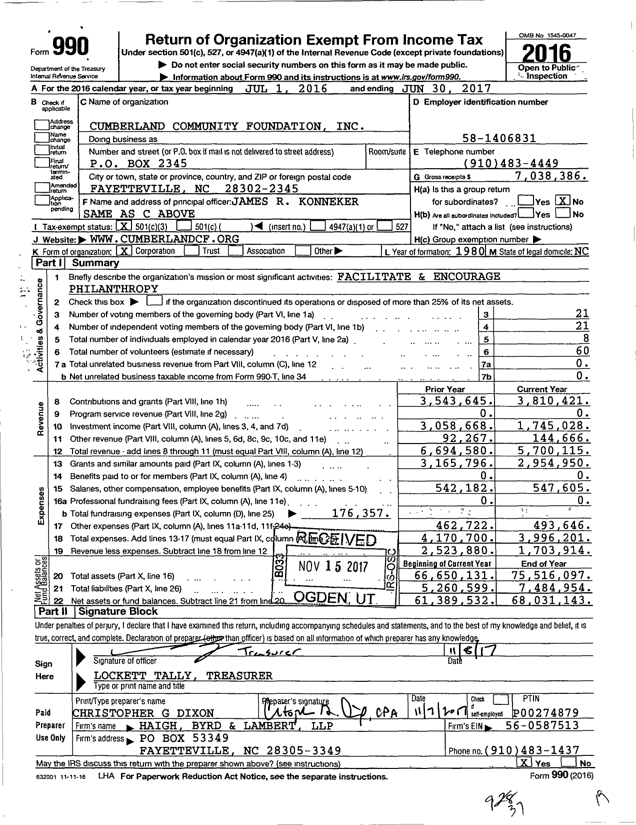 Image of first page of 2016 Form 990 for Cumberland Community Foundation (CCF)