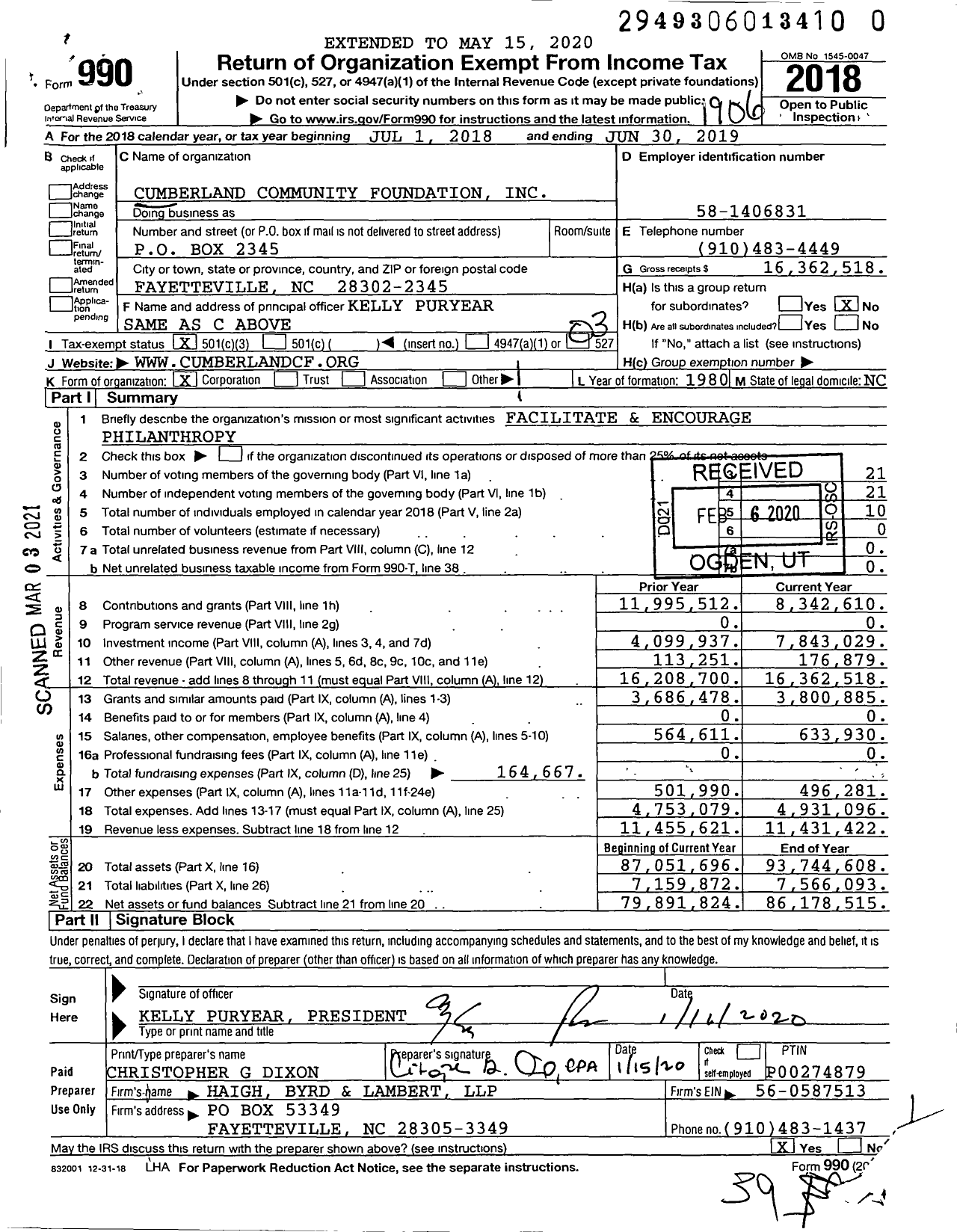 Image of first page of 2018 Form 990 for Cumberland Community Foundation (CCF)