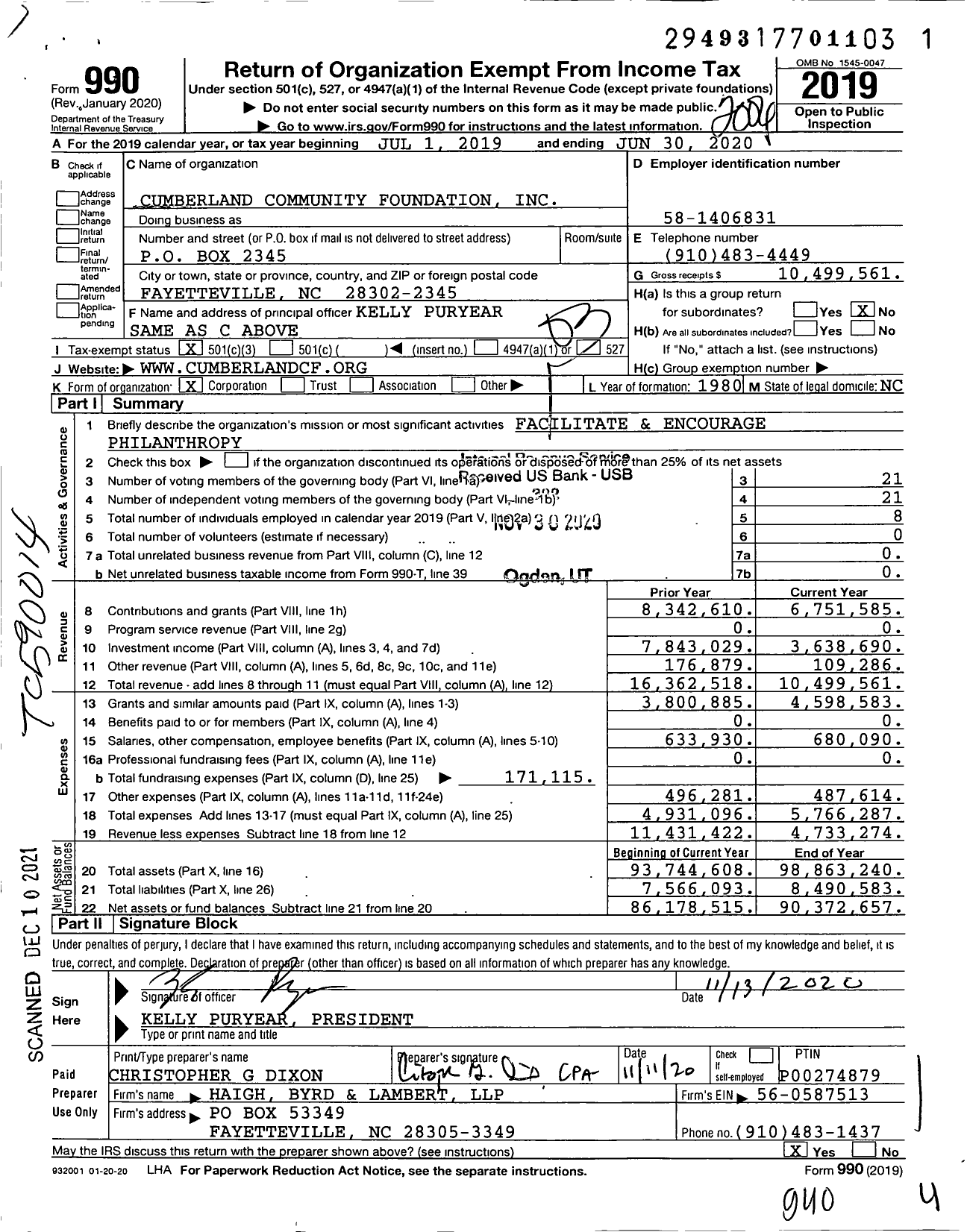 Image of first page of 2019 Form 990 for Cumberland Community Foundation (CCF)