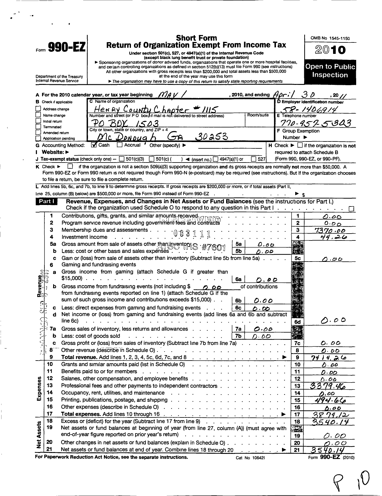 Image of first page of 2010 Form 990EO for Loyal Order of Moose - 1115