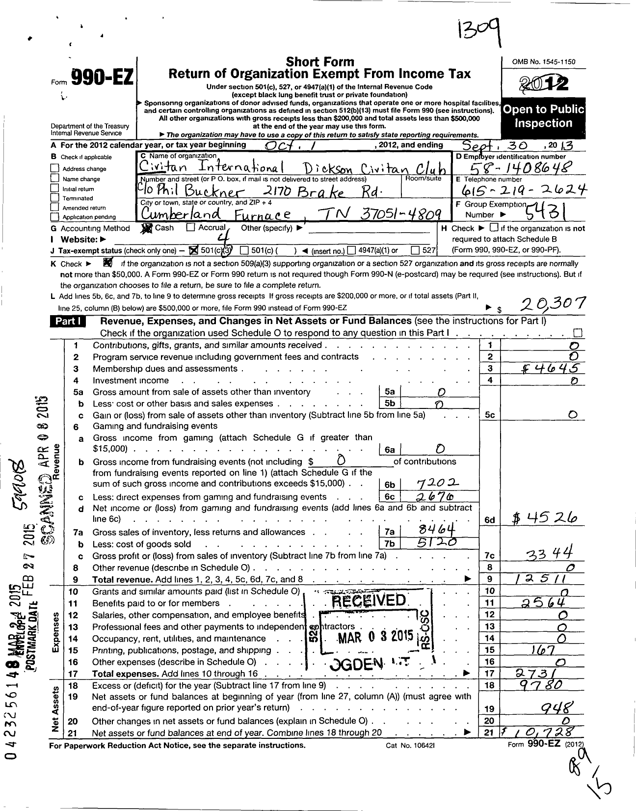 Image of first page of 2012 Form 990EO for Civitan International / Dickson TN