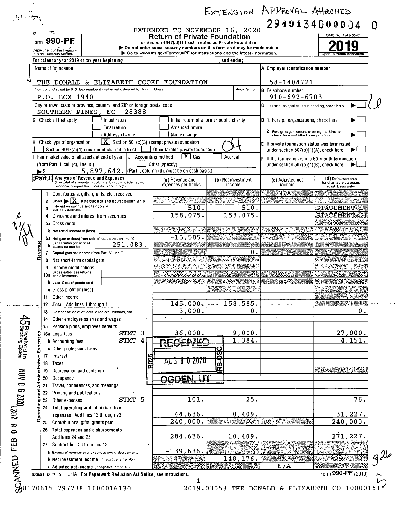 Image of first page of 2019 Form 990PF for Donald & ELIZABETH Cooke Foundation