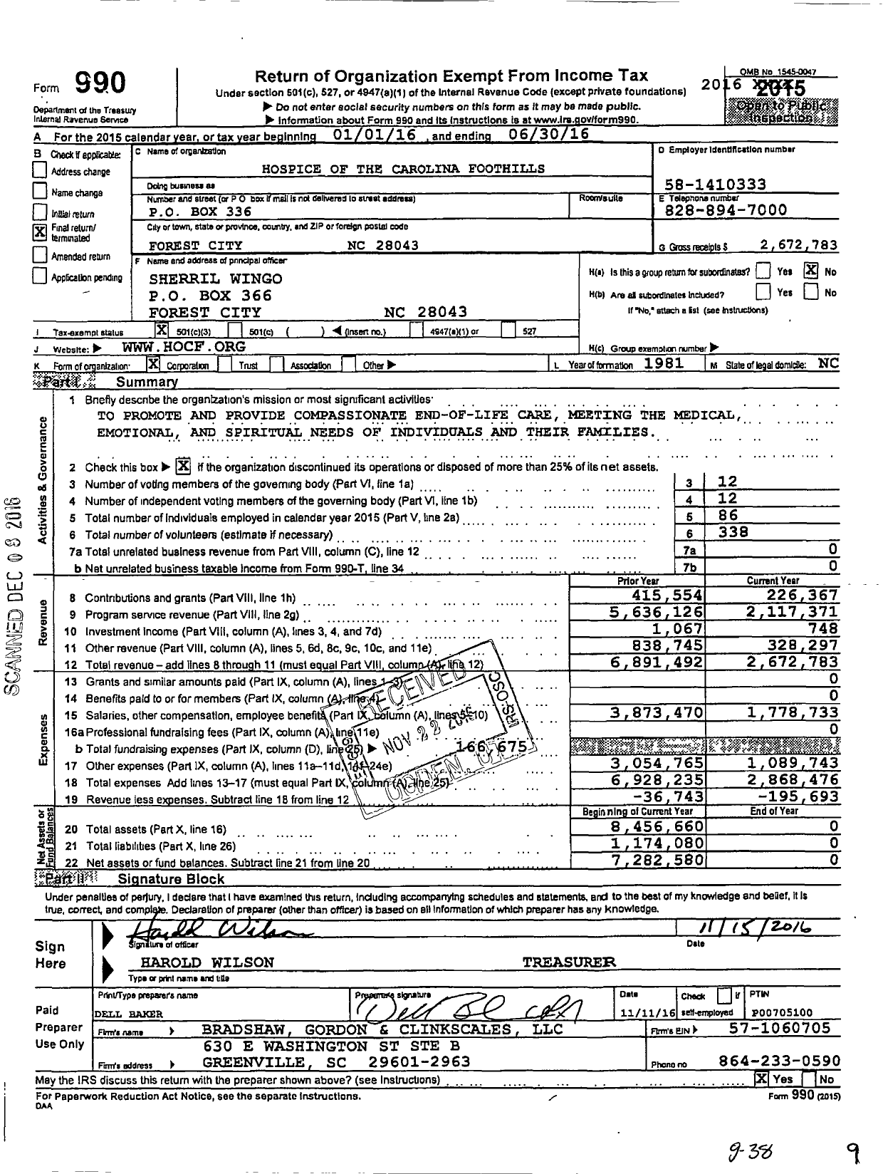 Image of first page of 2015 Form 990 for Hospice of the Carolina Foothills