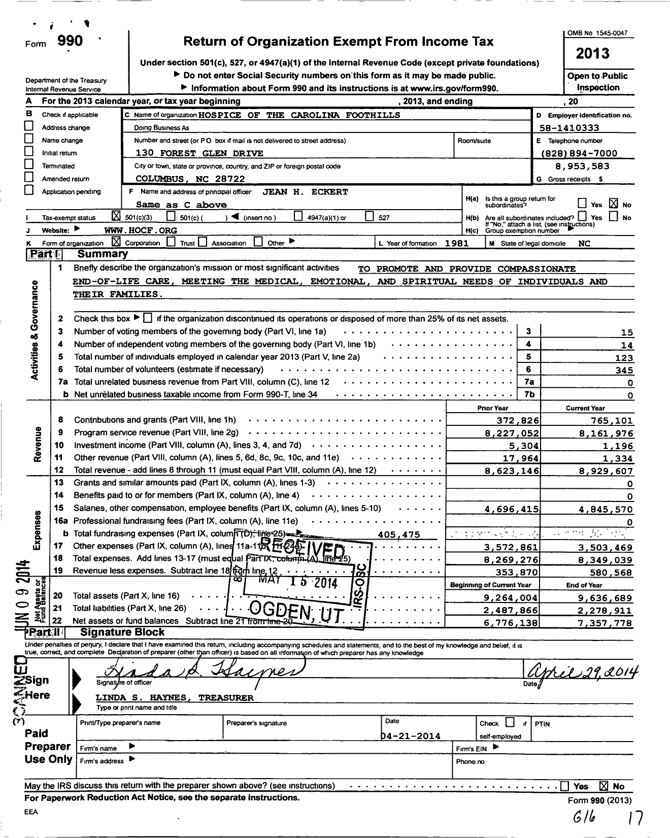 Image of first page of 2013 Form 990 for Hospice of the Carolina Foothills
