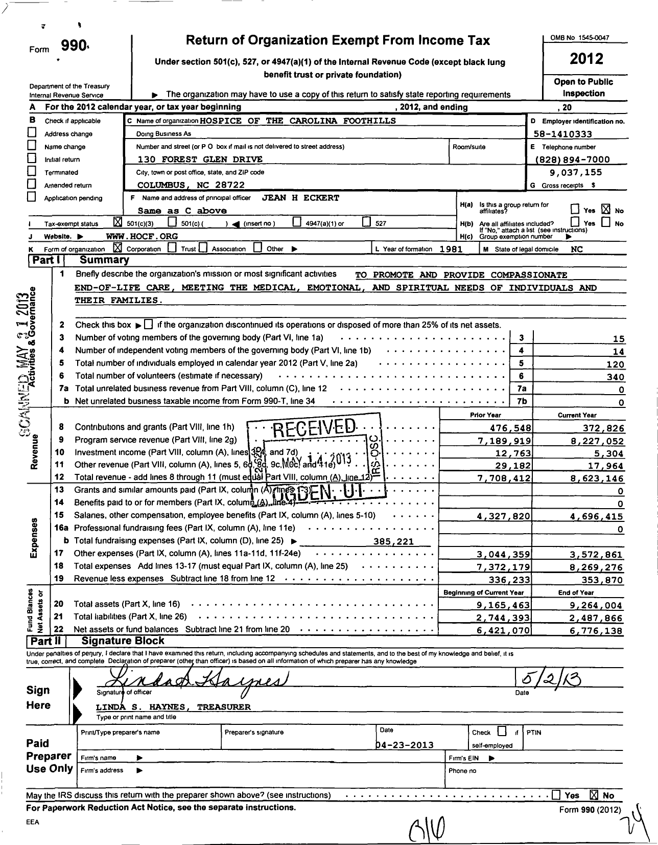 Image of first page of 2012 Form 990 for Hospice of the Carolina Foothills
