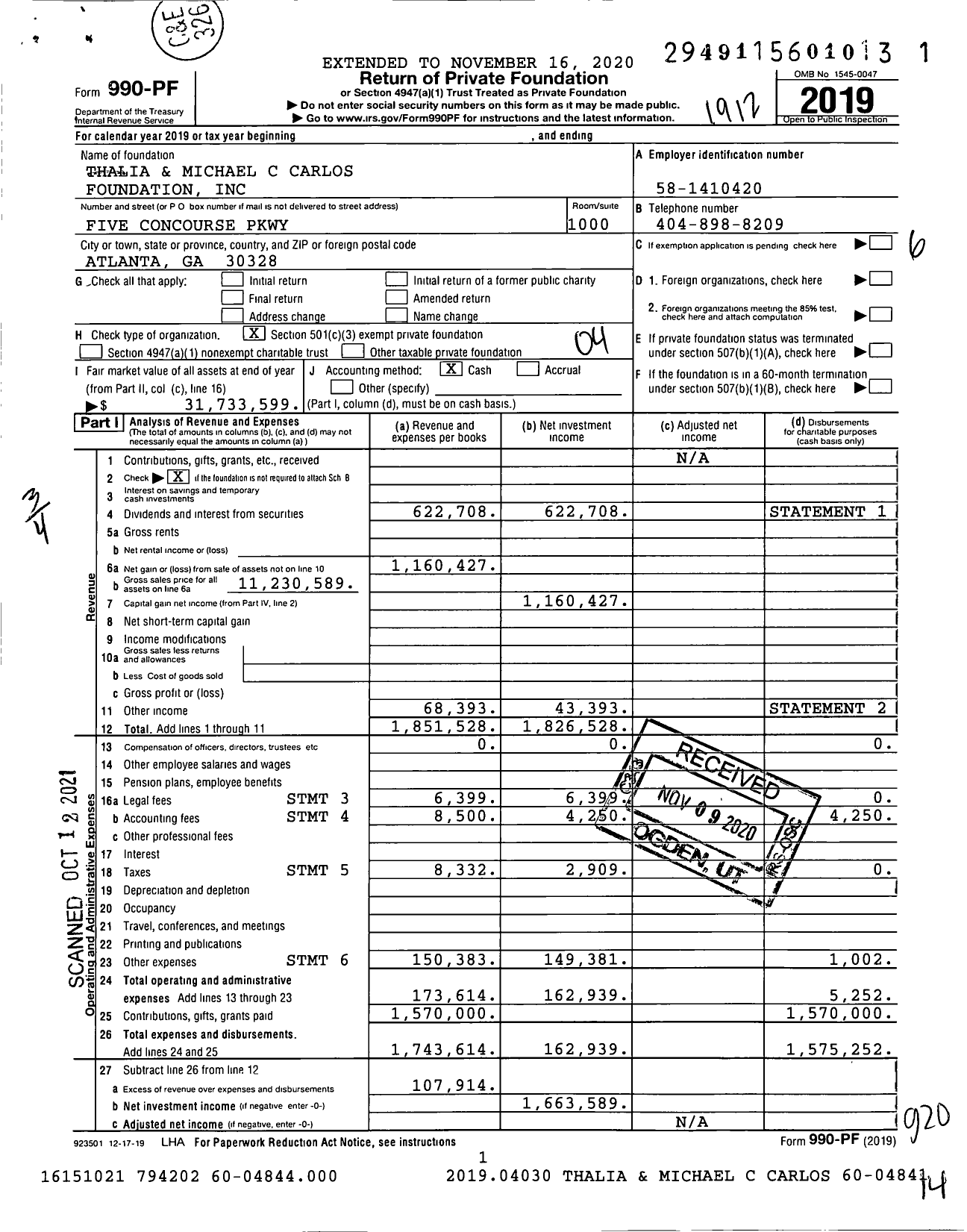 Image of first page of 2019 Form 990PF for Thalia and Michael C Carlos Foundation