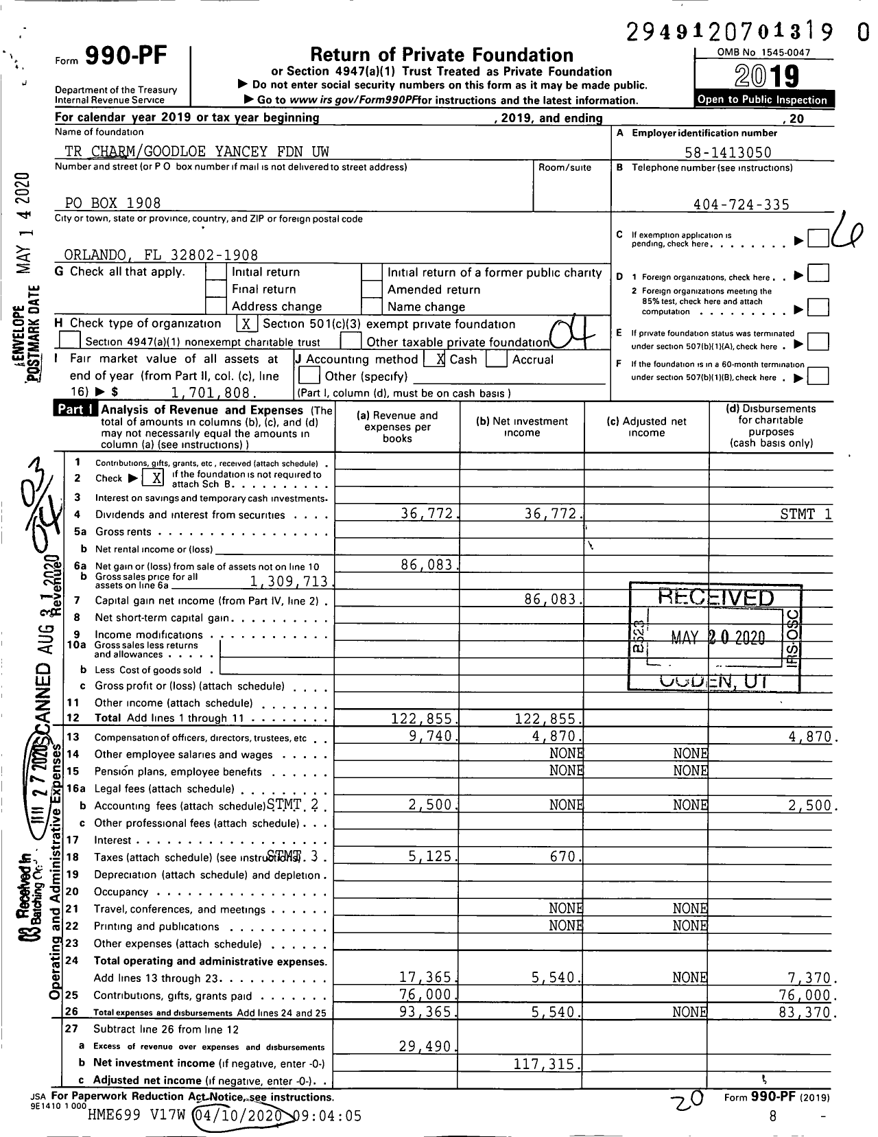 Image of first page of 2019 Form 990PR for TR Charmgoodloe Yancey Foundation Uw