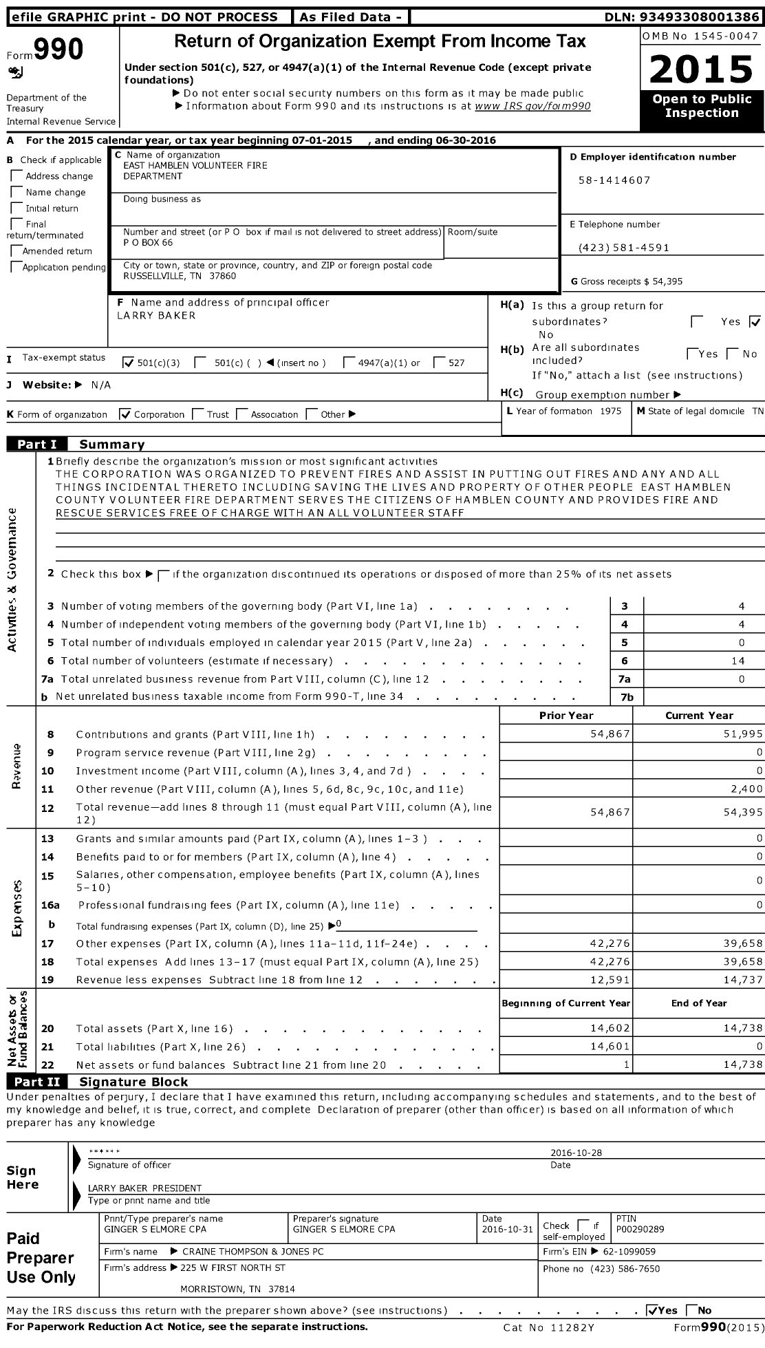Image of first page of 2015 Form 990 for East Hamblen Volunteer Fire Department
