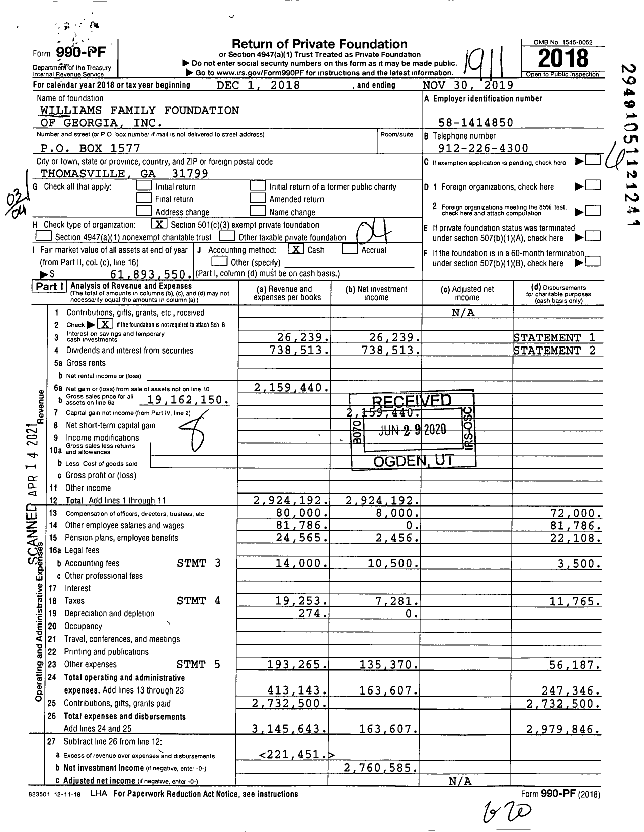 Image of first page of 2018 Form 990PF for Williams Family Foundation of Georgia