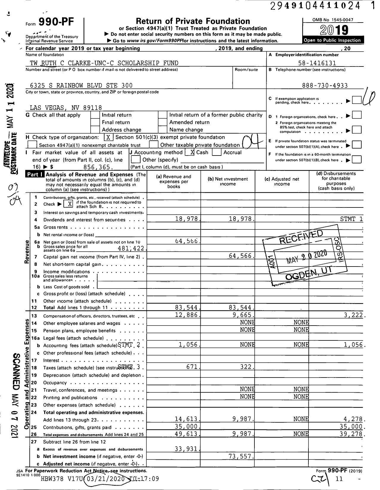 Image of first page of 2019 Form 990PF for TW Ruth C Clarke-Unc-C Scholarship Fund