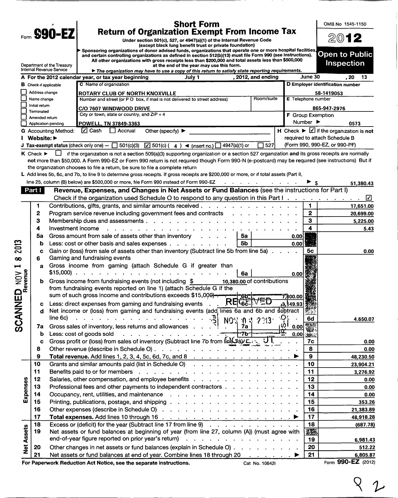 Image of first page of 2012 Form 990EO for Rotary International - Rotary Club of North Knoxville