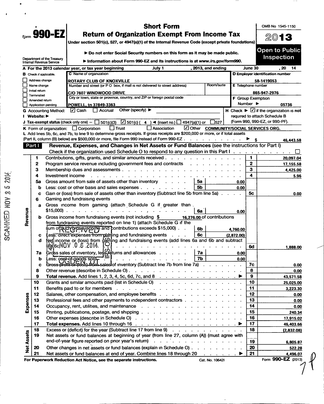 Image of first page of 2013 Form 990EO for Rotary International - Rotary Club of North Knoxville