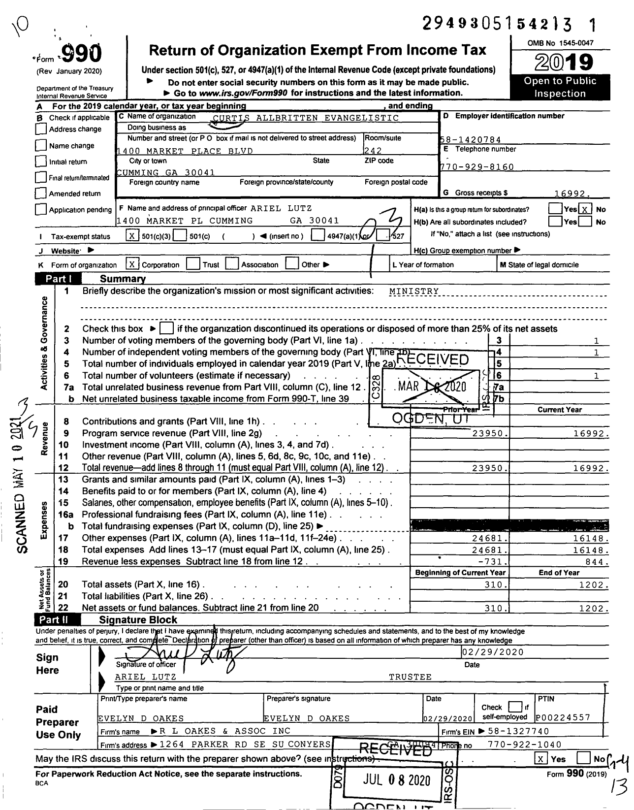 Image of first page of 2019 Form 990 for Curtis Allbritten Evangelistic