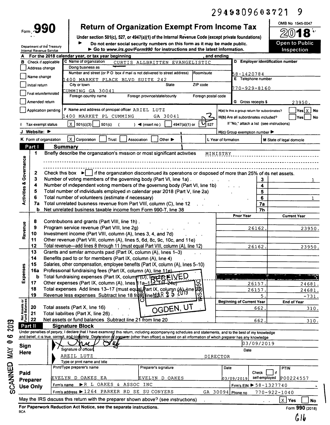 Image of first page of 2018 Form 990 for Curtis Allbritten Evangelistic