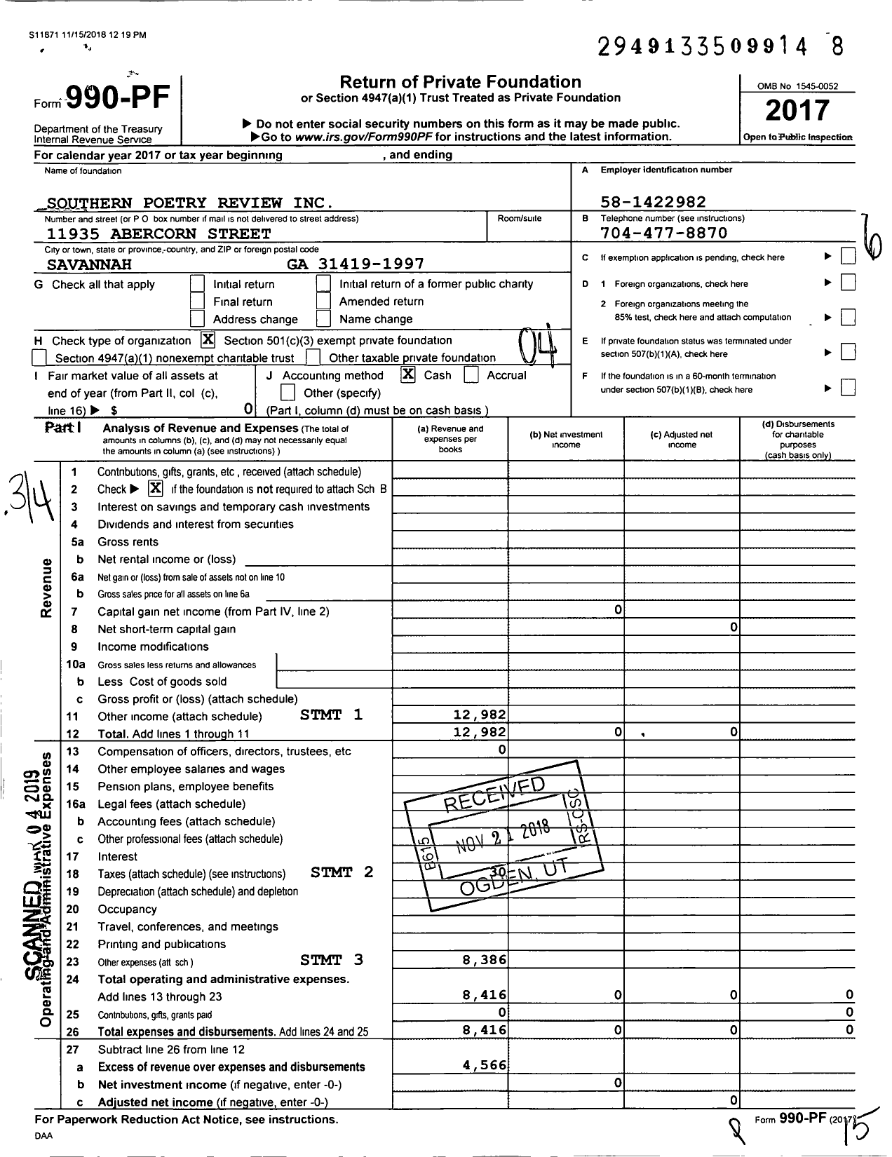 Image of first page of 2017 Form 990PF for Southern Poetry Review