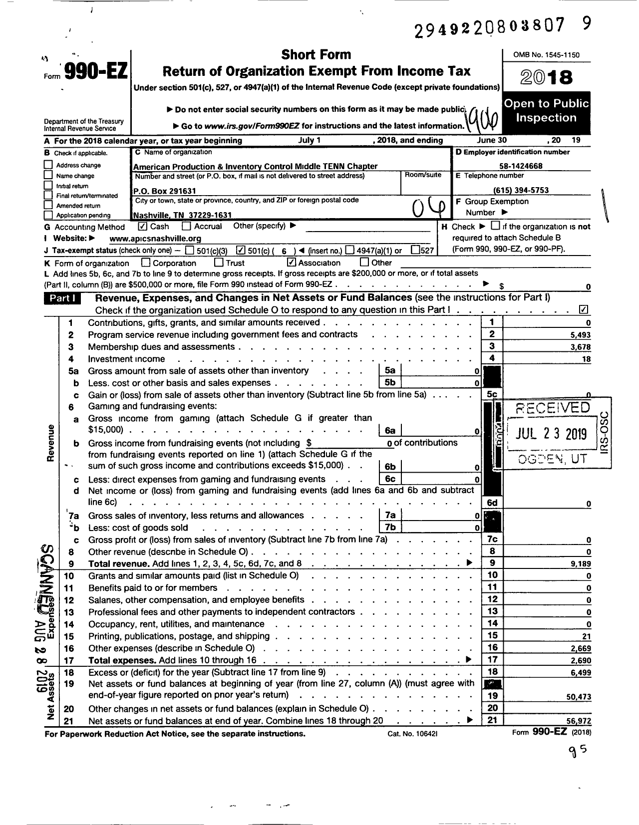 Image of first page of 2018 Form 990EO for Middle Tennessee Association of Ops Management and Supply Chain Planning Professionals