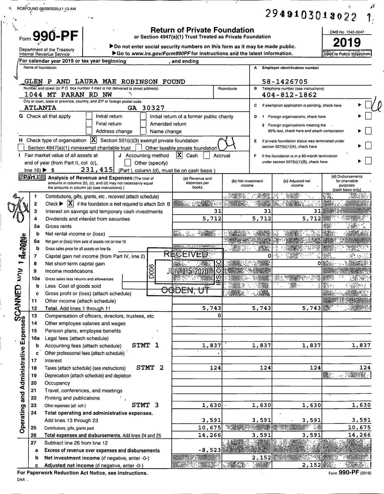 Image of first page of 2019 Form 990PF for Glen P and Laura Mae Robinson Foundation