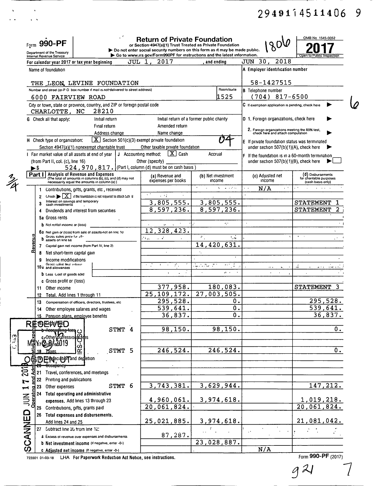 Image of first page of 2017 Form 990PF for The Leon Levine Foundation