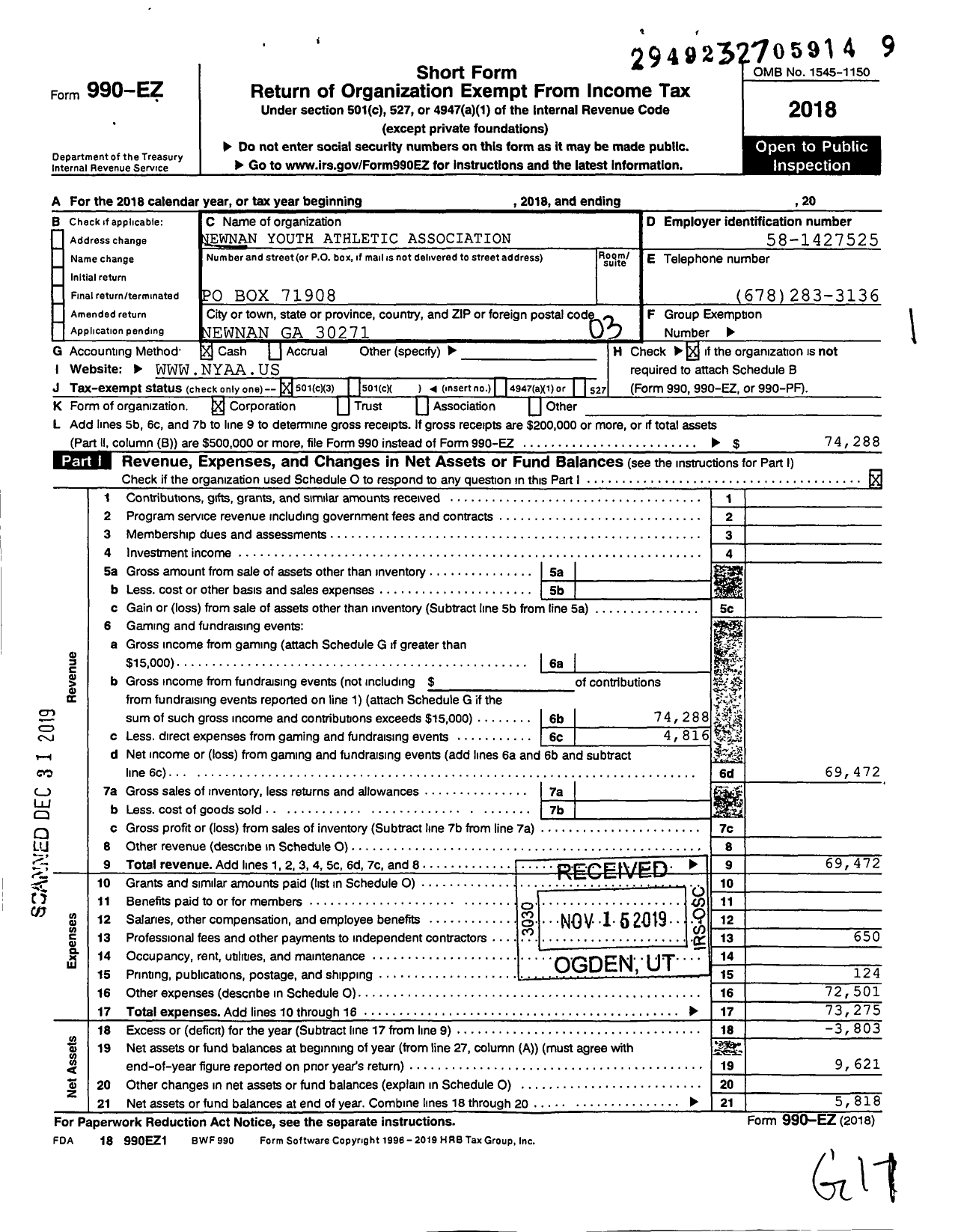 Image of first page of 2018 Form 990EZ for Newnan Youth Athletic Association