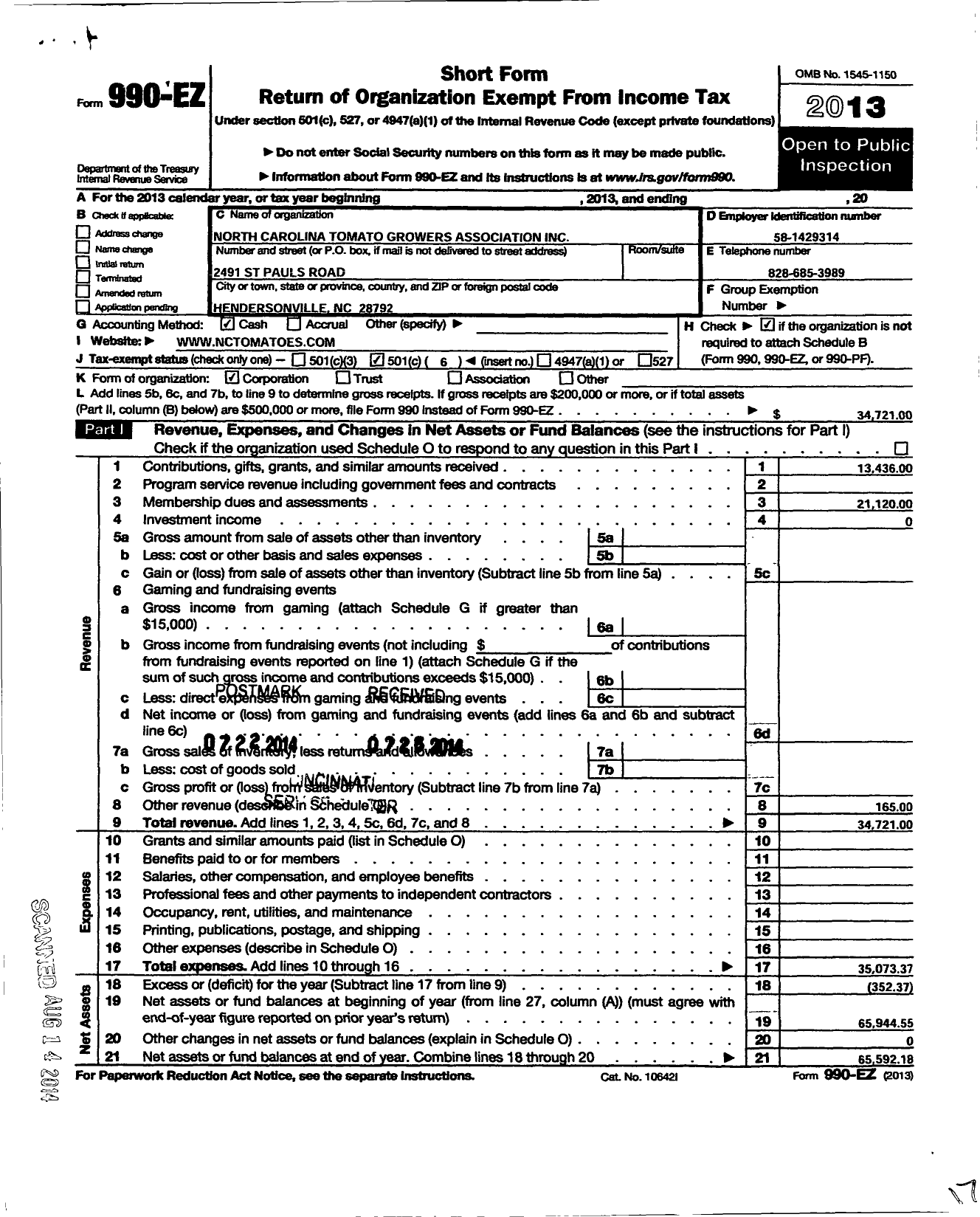 Image of first page of 2013 Form 990EO for North Carolina Tomato Growers