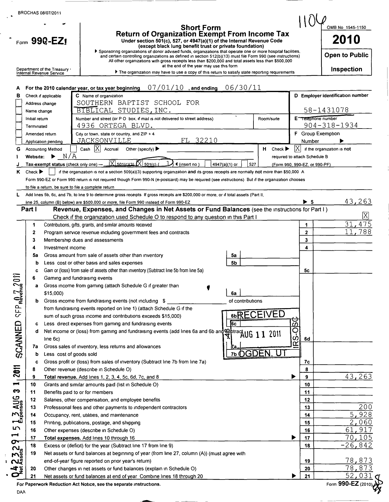 Image of first page of 2010 Form 990EZ for Southern Baptist School for Biblical Studies