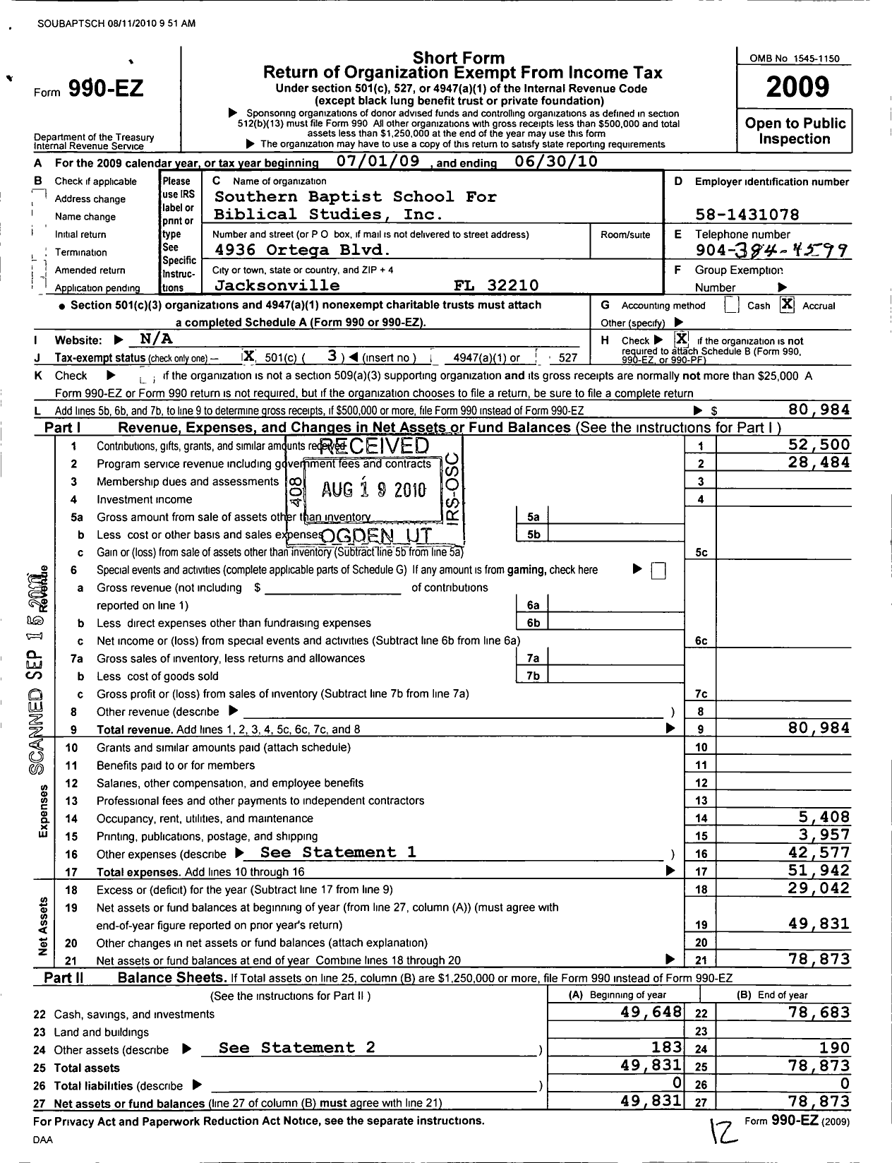 Image of first page of 2009 Form 990EZ for Southern Baptist School for Biblical Studies