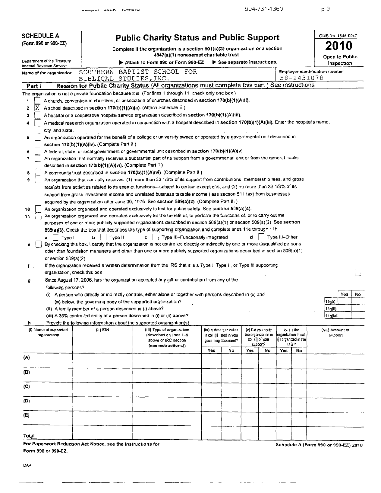 Image of first page of 2010 Form 990ER for Southern Baptist School for Biblical Studies