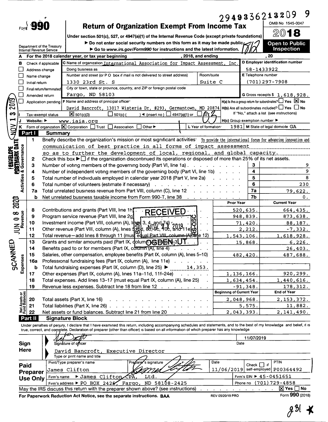 Image of first page of 2018 Form 990 for International Association for Impact Assessment (IAIA)