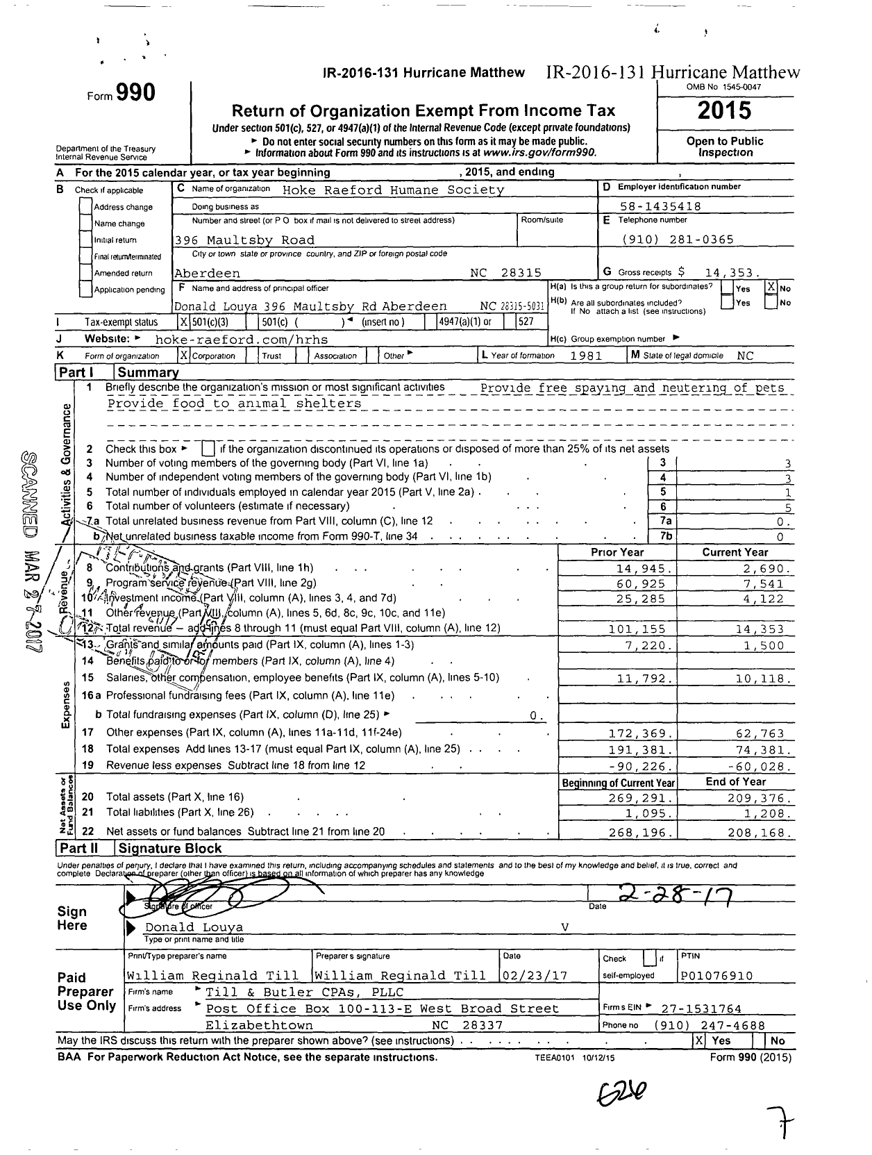 Image of first page of 2015 Form 990 for Hoke Raeford Humane Society