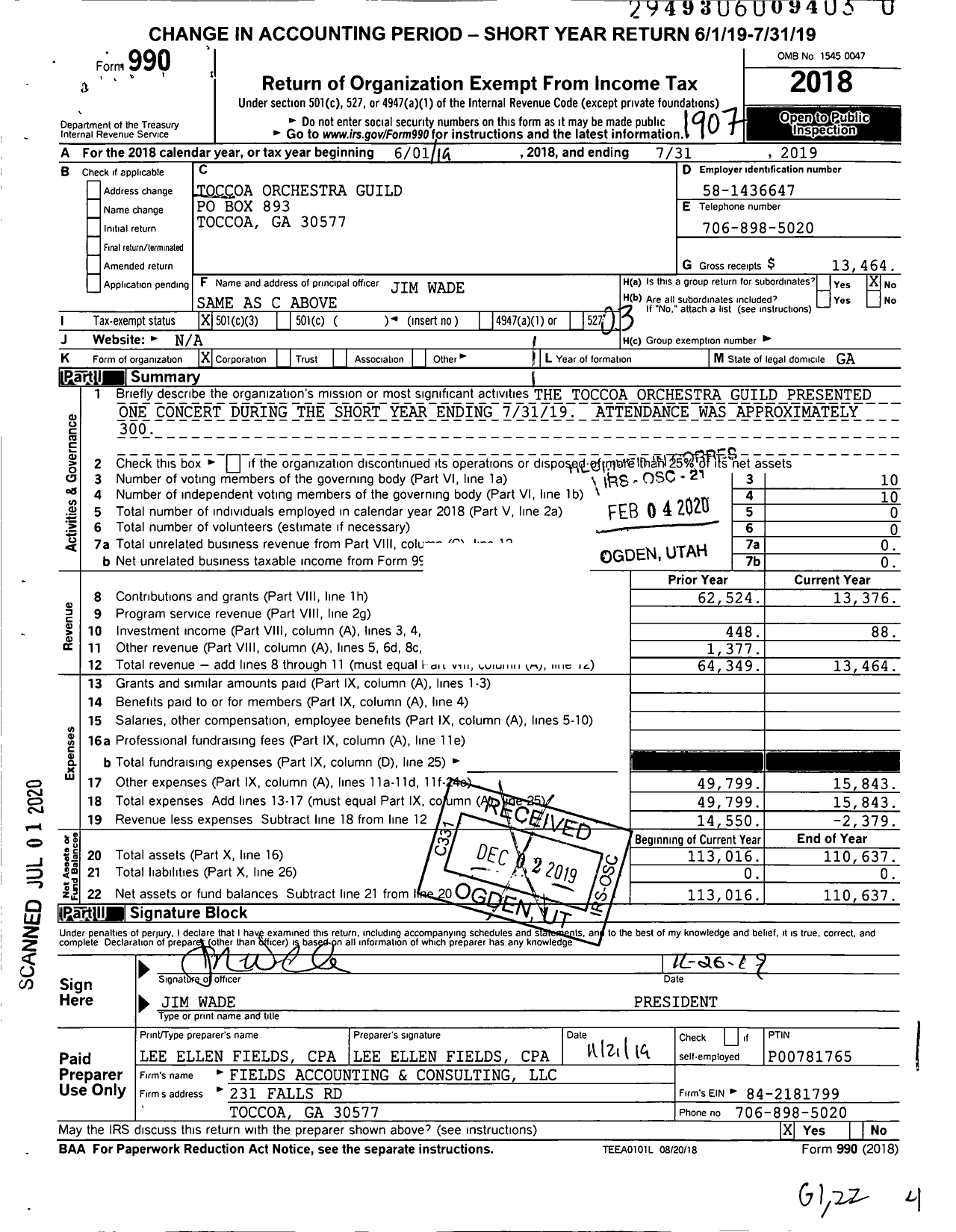 Image of first page of 2018 Form 990 for Toccoa Orchestra Guild