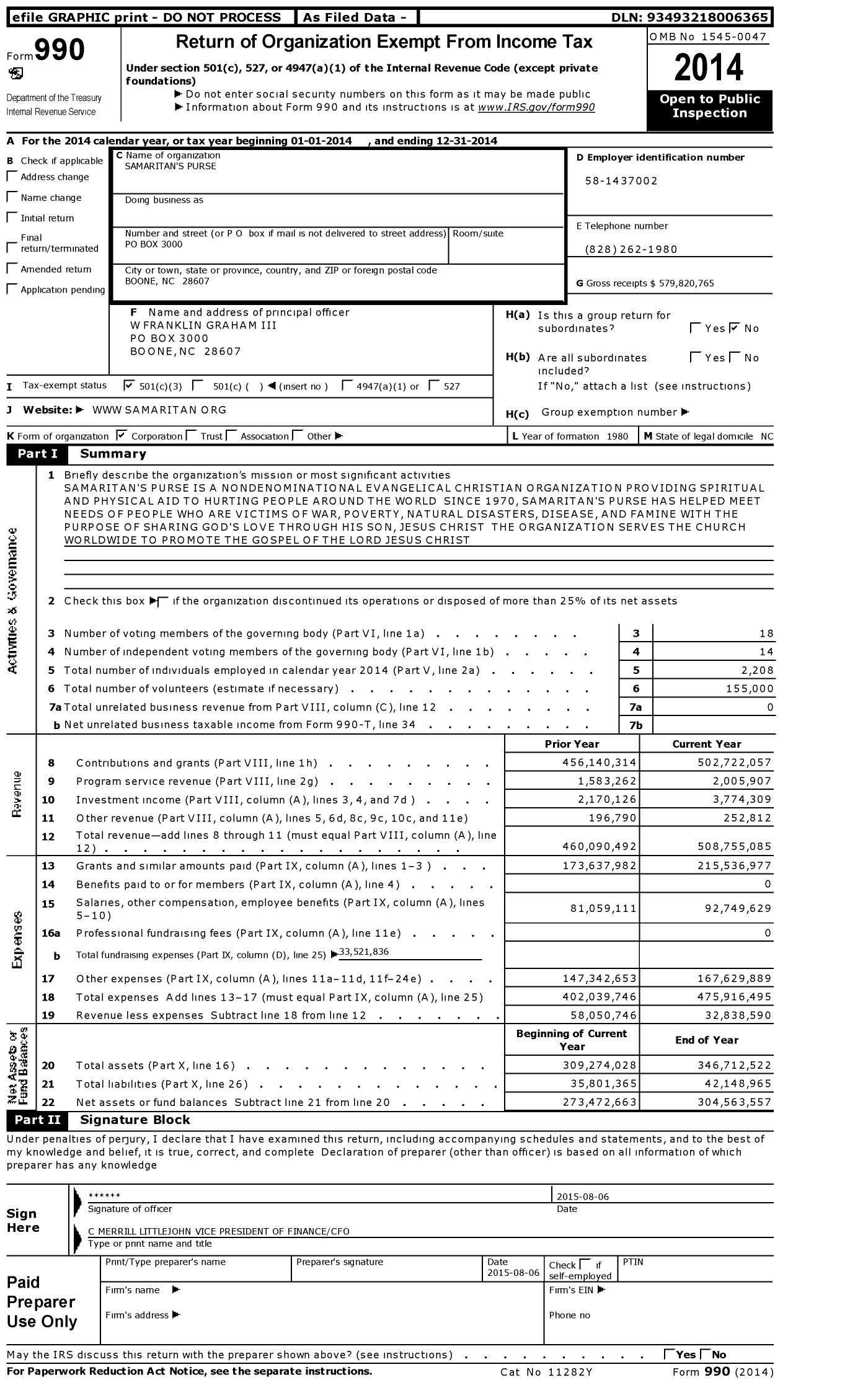 Image of first page of 2014 Form 990 for Samaritan's Purse