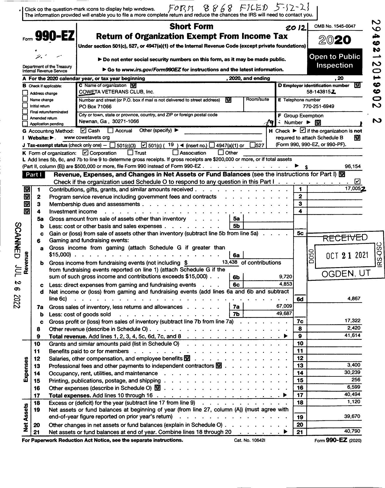 Image of first page of 2020 Form 990EO for Coweta Veterans Club