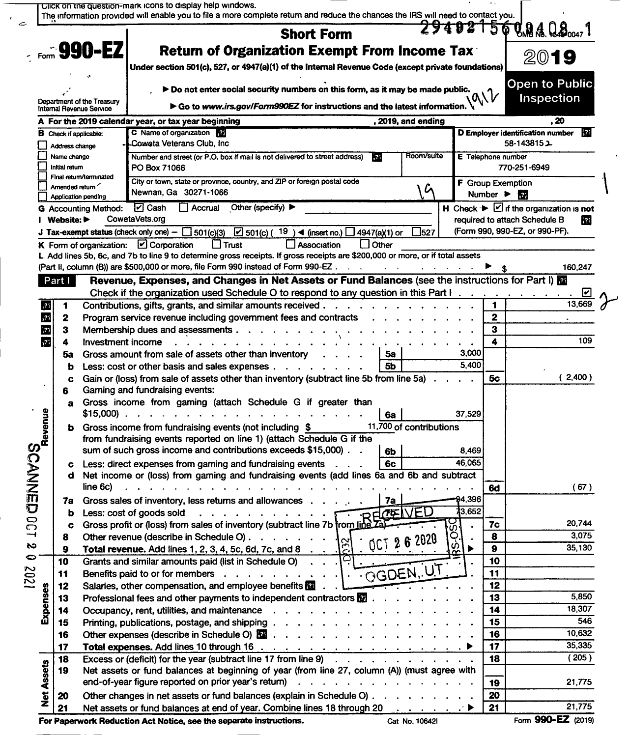 Image of first page of 2019 Form 990EO for Coweta Veterans Club