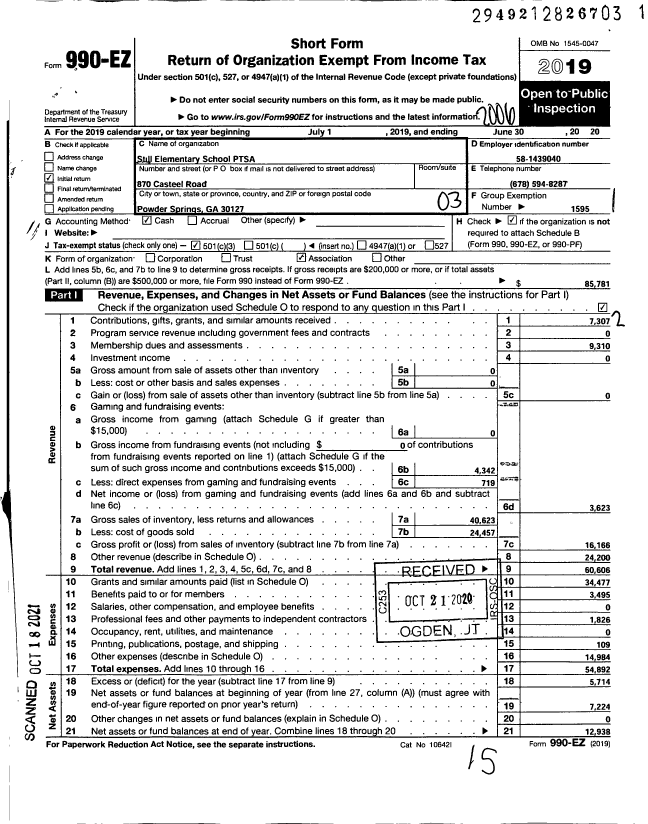 Image of first page of 2019 Form 990EZ for Georgia PTA - Still Es PTA