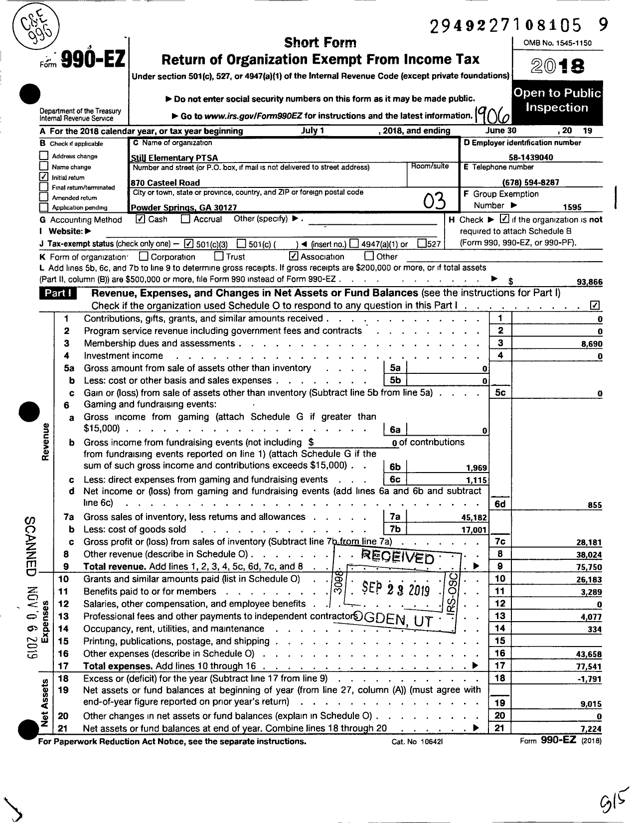 Image of first page of 2018 Form 990EZ for Georgia PTA - Still Es PTA