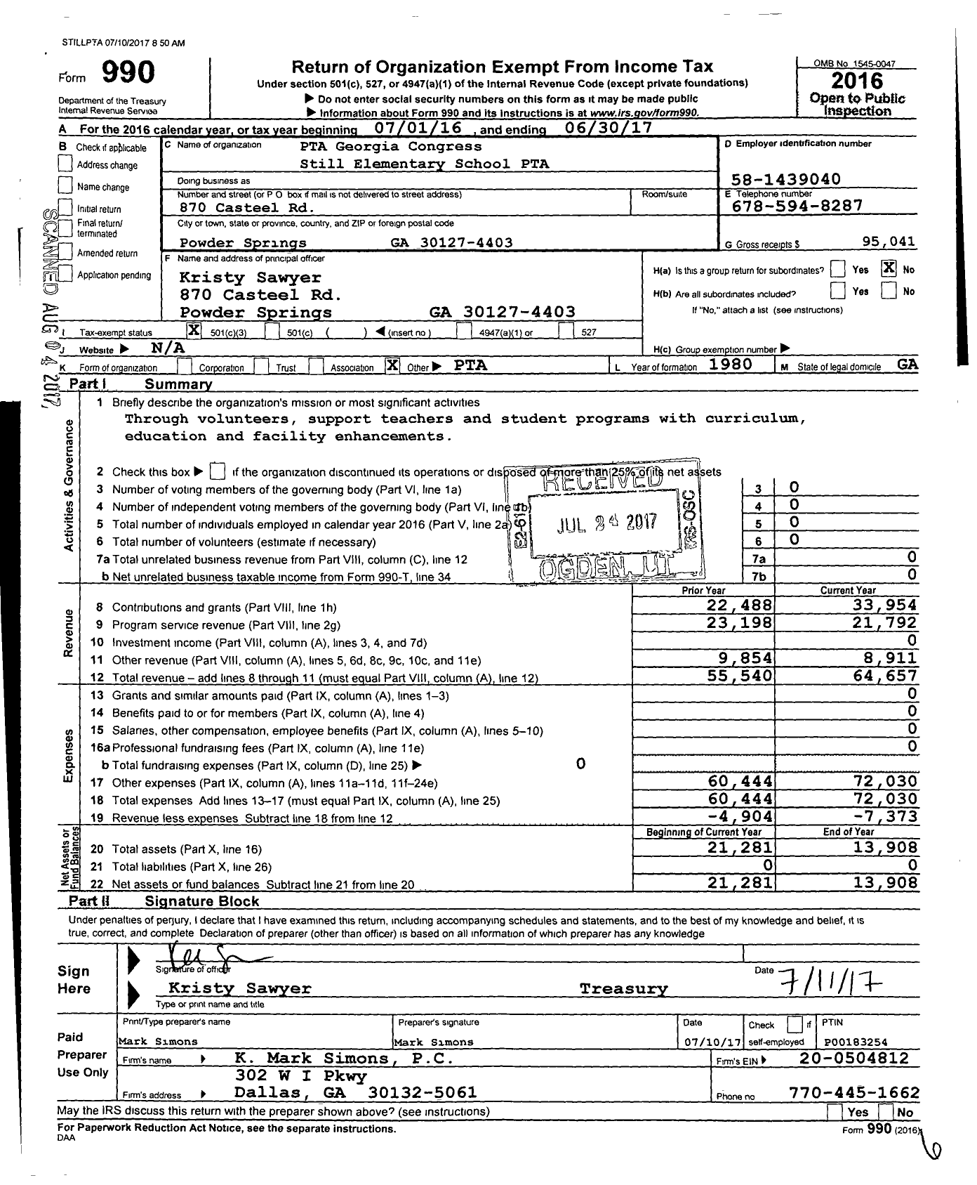 Image of first page of 2016 Form 990 for Georgia PTA - Still Es PTA