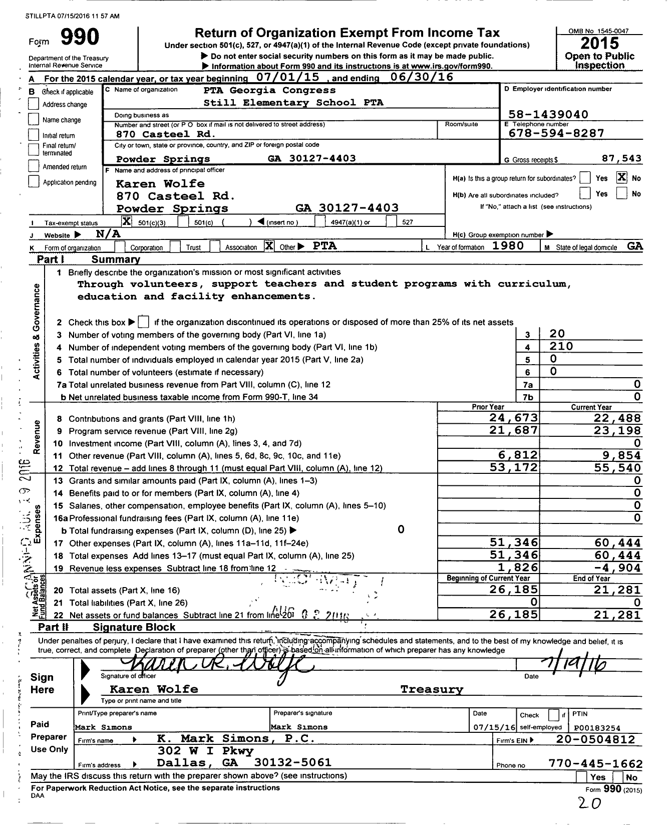 Image of first page of 2015 Form 990 for Georgia PTA - Still Es PTA