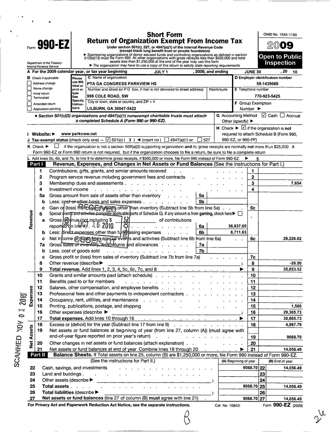 Image of first page of 2009 Form 990EZ for Georgia PTA - Parkview HS PTSA