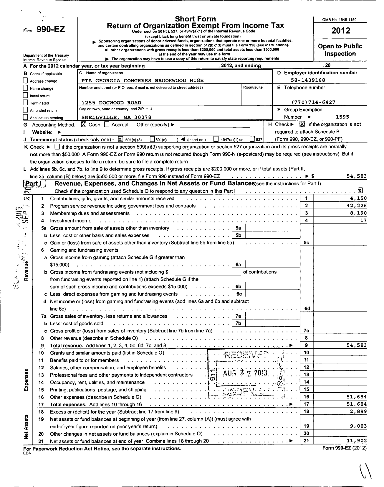 Image of first page of 2012 Form 990EZ for Georgia PTA - Brookwood HS PTSA