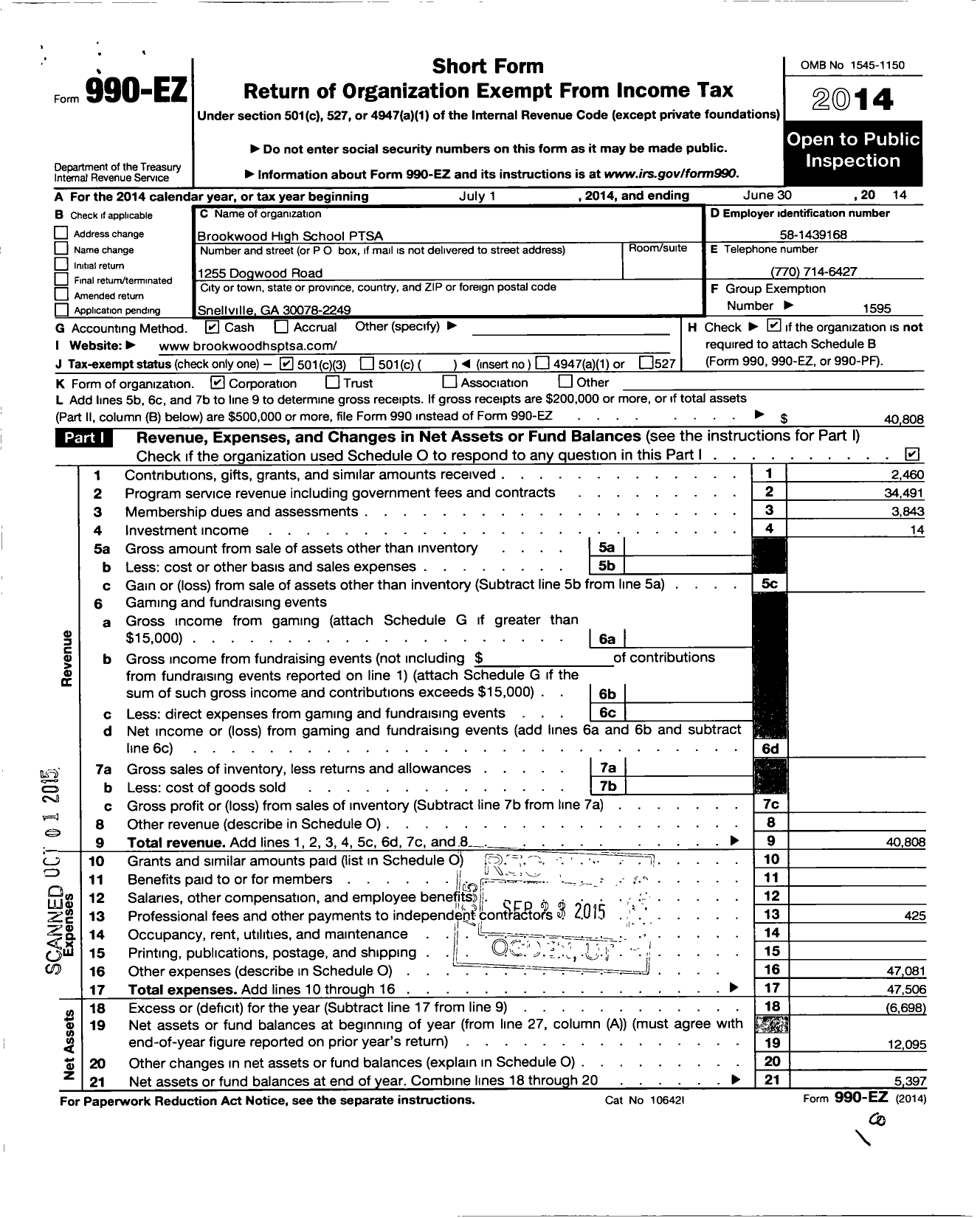 Image of first page of 2013 Form 990EZ for Georgia PTA - Brookwood HS PTSA